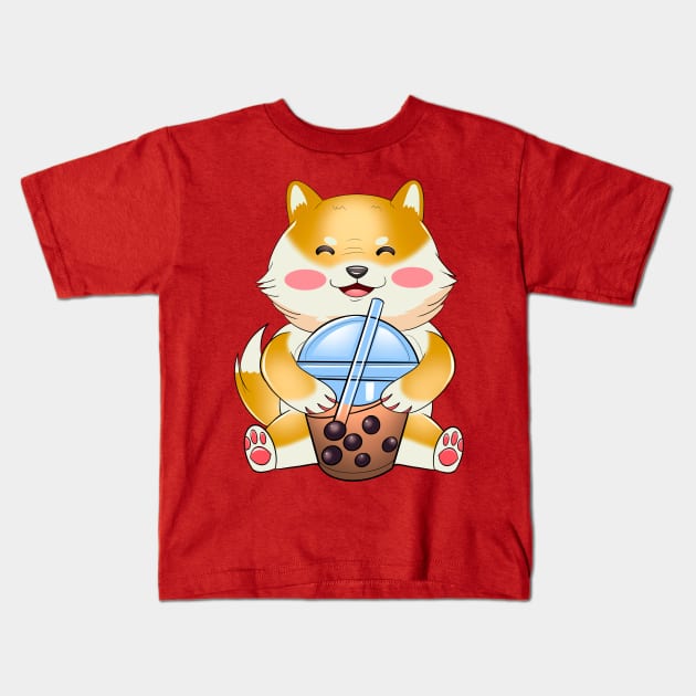 Shiba Inu Drinking Bubble Tea, funny Japanese Sticker Kids T-Shirt by Ken Adams Store